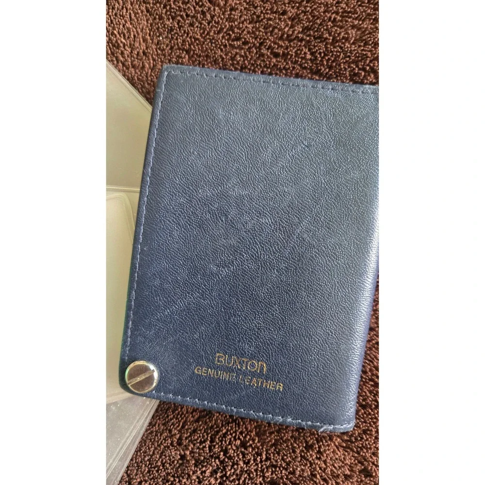 Buxton Vintage Navy Blue Leather Card Holder Photo Organizer Swivel Wallet